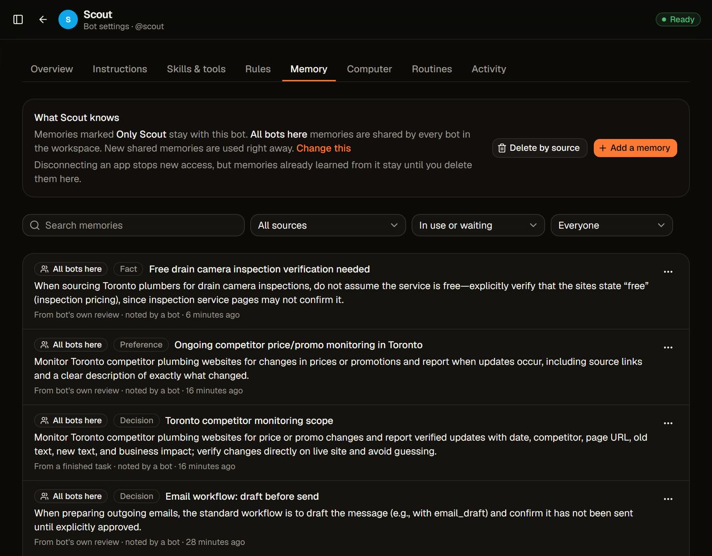 The Memory tab titled What Scout knows. A list of memories, each labelled as a fact, preference, or decision, shows its source, such as from the bot's own review or a finished task, with an edit and delete menu. Filters for source, status, and scope sit above the list.