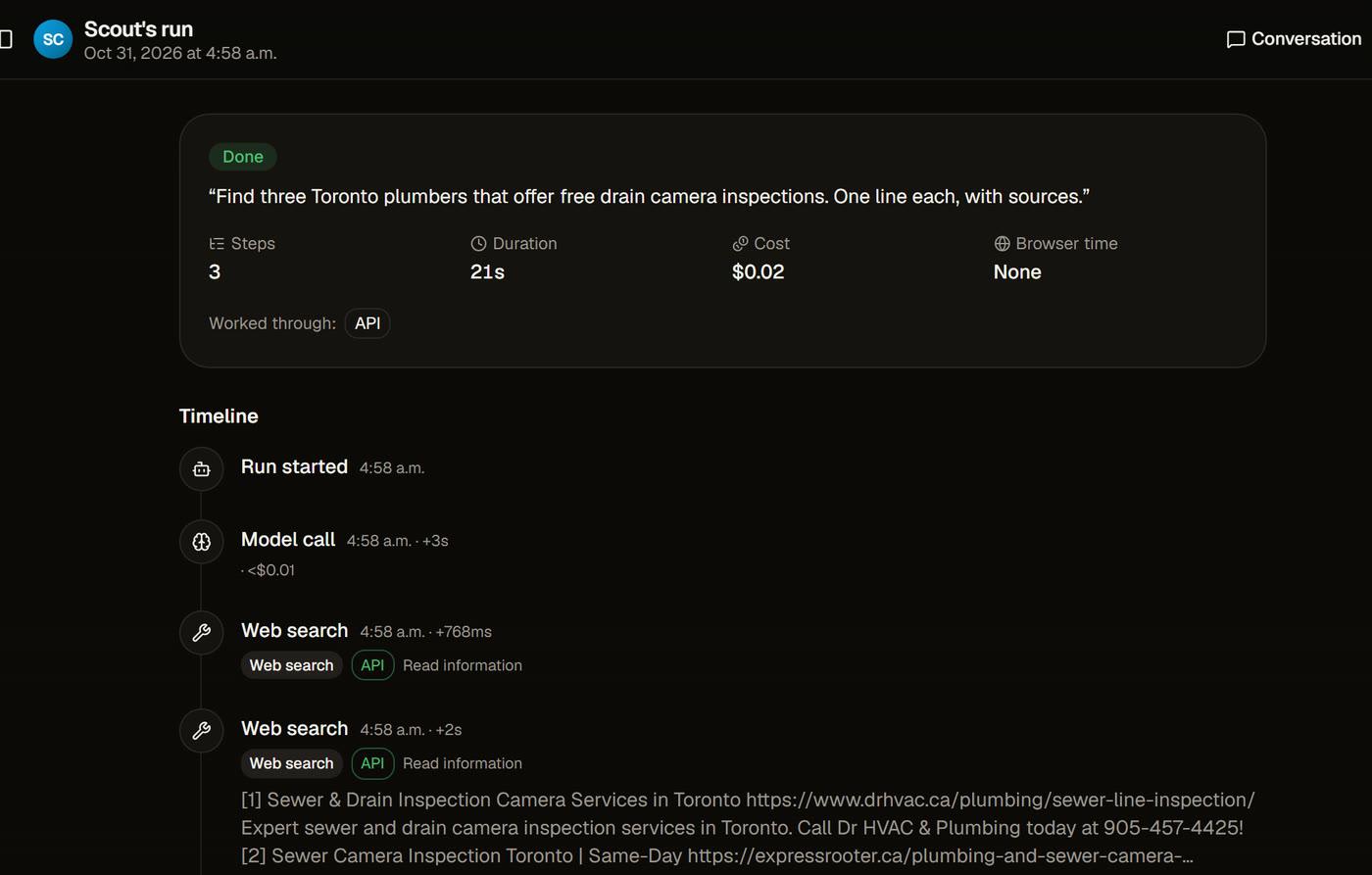 A run page titled Scout's run. A summary shows Done, 3 steps, 21 seconds, 2 cents, and no browser time. Below, a timeline lists Run started, Model call, and several Web search steps with their results and links.